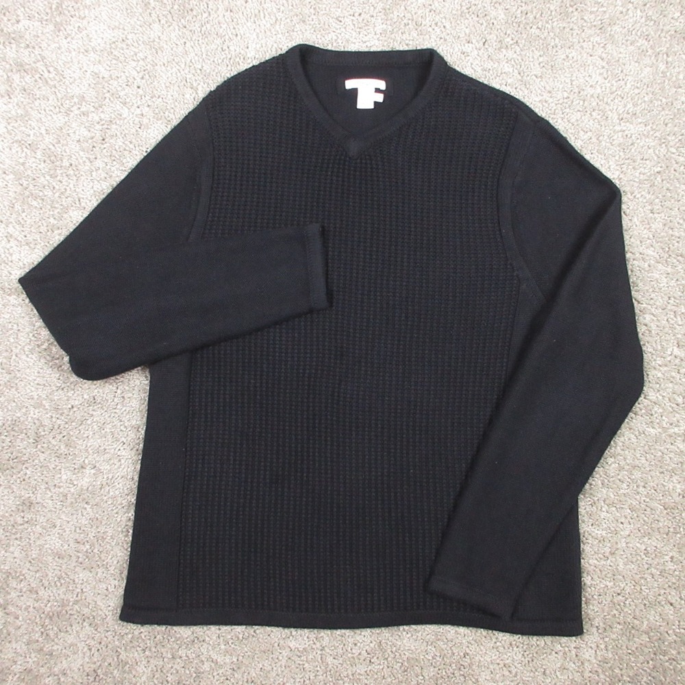 Carbon2cobalt Sweater Mens‎ M Black V-Neck Waffle Knit Pullover Cotton Cashmere